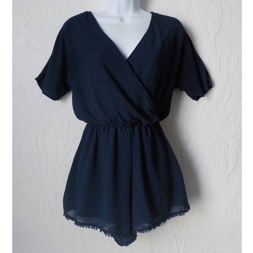 Divided H&M Blue Jumper Shorts Women 4 Romper Front Faux Wrap VNeck Preppy Boho